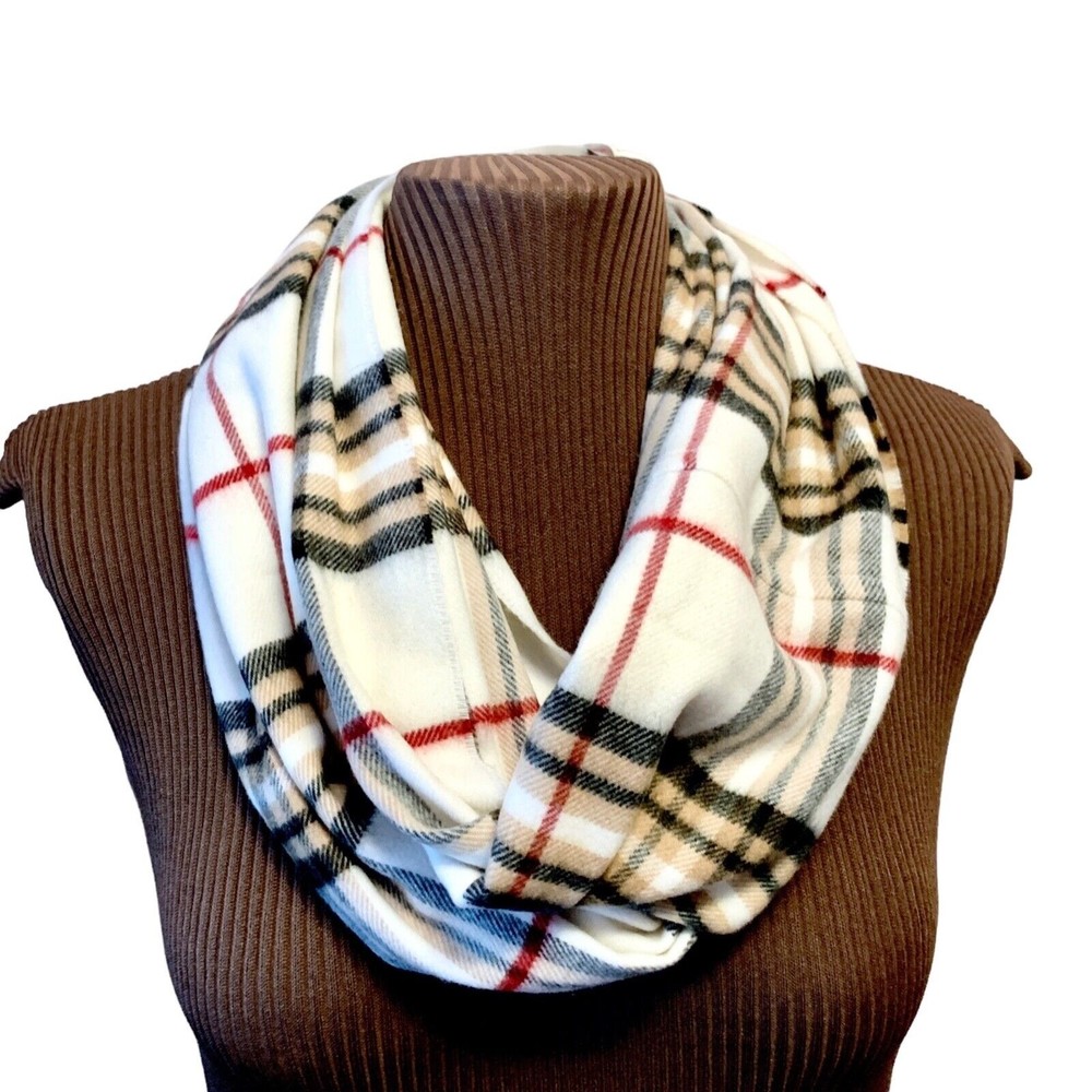 Cashmink V Fraas Plaid Infinity Loop Scarf Made in Germany 64x12 Cream Black Red